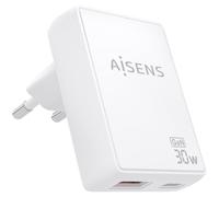 Cargador de Pared GaN Aisens ASCH-30W2P074-W/ 1xUSB Tipo-C/ 1xUSB/ 30W/ Blanco