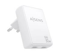 AISENS Cargador De Pared GaN Ultra Delgado 30W, 2xUSB-C PD3.0 QC4.0, Blanco