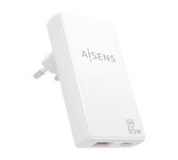 AISENS Cargador de Pared GAN Ultra Delgado 65 W, 1 x USB-C PD3.0 QC4.0, 1 x USB-A QC3.0, Blanco