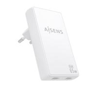 AISENS Cargador De Pared GaN Ultra Delgado 65W, 2xUSB-C PD3.0 QC4.0, Blanco