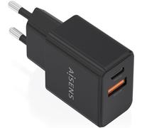 Aisens cargador gan 20w, 1xusb-c pd3.0, 1xusb-a qc3.0, negro