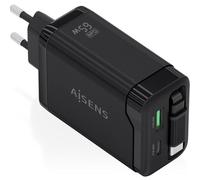 Aisens cargador gan 65w, 1xusb-c cable retractil, 1xusb-c pd3.0, 1xusb