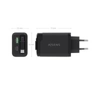 AISENS - Cargador GaN 65W, 1xUSB-C Cable Retractil, 1xUSB-C PD3.0, 1xUSB-A QC3.0, Negro