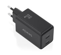AISENS Cargador GaN 65W, 2xUSB-C PD3.0 QC4.0, Negro