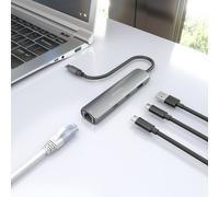 AISENS - Dock USB-C A Ethernet Gigabit + Hub 2xUSB-C+1xUSB-A, Gris, 15cm