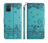 Aisenth Funda para Samsung Galaxy A51 SM-A515F, Diseño de Gato, Flores, Mariposa Funda Protectora de Cuero PU Cáscara con Ranuras para Tarjetas, Función de Soporte, Azul Verde