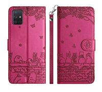 Aisenth Funda para Samsung Galaxy A51 SM-A515F, Diseño de Gato, Flores, Mariposa Funda Protectora de Cuero PU Cáscara con Ranuras para Tarjetas, Función de Soporte, Morado Rojo