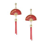 Aishgjia Hanfu Qipao - Pendientes colgantes de abanico plegables rojos chinos para mujer, estilo oriental, con diseño vintage de esmalte rojo, chapado en oro, joyería china, Grande, Metal, Sin piedra