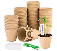 AISHOW 50 Piezas Macetas de Semillas 8cm Redondas Biodegradables Semilleros de Germinacion Macetas de Turba con 2 Herramientas de Jardín y 50 Etiquetas de Plantas