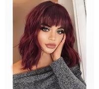 AISI HAIR Curly Bob Wig with Bangs Short Wavy Wine Red Color Wigs for Women Bob Style Synthetic Heat Resistant Bob Wigs