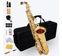 Aisiweier Gold E Flat - Saxofón alto de latón grabado Eb E-Flat natural, botón de concha blanca natural, instrumento de viento con estuche y cepillo para cinturón