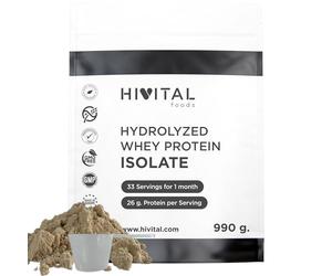 Aislado de Proteína de Suero de Leche 990 g para 1 mes de tratamiento. 26 g al día de Isolate Whey Protein 100% puro y Natural. SIN SABOR. Sin Soja. Fabricado en España por HIVITAL