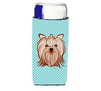 Aisladores de bebidas ultra finos para latas delgadas de Yorkshire Terrier con dise o de tablero de ajedrez azul
