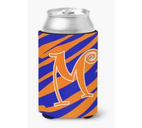 Aislante para latas de bebidas con monograma inicial de la letra M, rayas de tigre, azul y naranja
