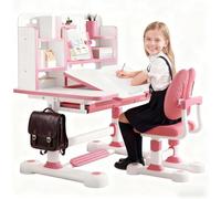 Aislerbee Juego de escritorio y silla para niños, altura ajustable, juego de escritorio y silla para niños, con estantería y cajón de almacenamiento, escritorio con silla reclinable de 50 grados (rosa