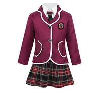 Aislor 4 Pcs Uniforme Escolar Niñas Traje de Escuela con Corbata Falda a Cuadros Disfraz Cosplay de Colegiala Uniforme de Colegio Logo España Ropa para Actuación 4-14 años Borgoña 12-14 años