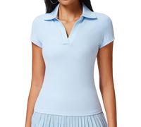 Aislor Camiseta Deportiva Mujer Nueva Para Golf: Manga Corta, Sensación Desnuda, Secado Rápido, Cuello V Profundo, Cuello Redondo Outdoor, Ideal Para Tenis, Ligera Cómoda Azul claro M