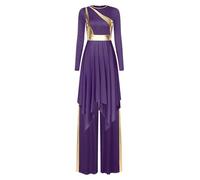 Aislor Conjundo De Baile De Alabanza Metálico para Mujer Vestido De Danza Cristiana + Pantalones Disfraz Bailarina Fiesta Morado L