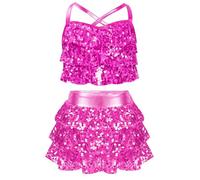 Aislor Conjunto Lentejuelas De 2 Piezas De Baile Para Niña Top Corto Sin Manga Con Falda Corta Vestido De Baile Latino Jazz Salsa Samba Rosa caliente 9-10 años