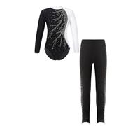 Aislor Conjunto Patinaje Artístico Niña Maillot Manga Larga Brillantes + Pantalones Elásticos con Cintura Alta Leotardo Danza Gimnasia Rítmica Blanco Negro 11-12 años