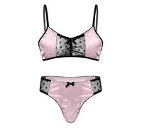 Aislor Conjuntos Sexy para Hombres Ropa Interior Lencería de Malla Satén Sissy Ropa de Dormir 2 Pcs Sujetador + Braga Hombre Sexy Disfraz Ropa Erótica Juego de rol Rosa XL