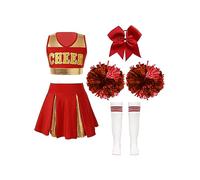Aislor Disfraz Animadora Niña Uniforme de Animadora Conjunto de Danza con Crop Top+ Pompones+ Falda Plisada +Medias +Pinza Disfraz canaval Un Rojo 11-12 años