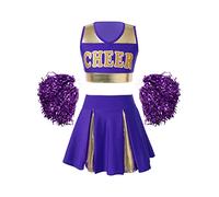 Aislor Disfraz de Animadora para Niñas Disfraces Uniforme de Porristas Conjunto de Falda Plisada+Top Corto Vestido de Baile Porrista High School Set con Pompones Morado A 9-10 años