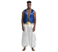 Aislor Disfraz De Príncipe árabe Para Halloween Para Hombre Chaleco Con Ribete Dorado Brillante Con Pantalones Largos Trajes De Cosplay Indios árabes Royal Blue&White M