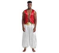 Aislor Disfraz De Príncipe árabe para Halloween para Hombre Chaleco con Ribete Dorado Brillante con Pantalones Largos Trajes De Cosplay Indios árabes Burgundy&White L