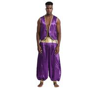 Aislor Disfraz De Príncipe árabe Para Halloween Para Hombre Chaleco Con Ribete Dorado Brillante Con Pantalones Largos Trajes De Cosplay Indios árabes Dark Purple&Dark Purple XL