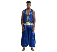 Aislor Disfraz De Príncipe árabe Para Halloween Para Hombre Chaleco Con Ribete Dorado Brillante Con Pantalones Largos Trajes De Cosplay Indios árabes Royal Blue&Royal Blue 4XL