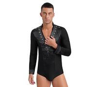 Aislor Leotardo Brillantes Para Hombre Con Cuello En V Body De Satén Manga Larga Maillot Para Danza Latina Patinaje Artístico Traje Bailarina Negro XL