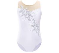 Aislor Maillot Brillante de Gimnasia Niña sin Mangas Mono Flores de Una Pieza con Cuello Redondo Disfraz Bailarina Ropa Deportiva Niña Blanco 5-6 años