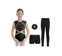 Aislor Maillot Brillante De Gimnasia Rítmica Para Niñas Leotardo Sin Mangas Con Pantalones Cortos Y Leggings Largos Body Deportivo Negro 7-8 años
