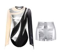 Aislor Maillot De Danza Ballet Para Mujer Leotardo Manga Larga Brillante Con Pantalones Cortos Maillot Gimnasia Rítmica Body De Bailarina Actuación Plateado M