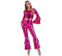 Aislor Mono Brillante Metálico De Los Años 70 Para Mujer Body De Manga Acampanada Pantalones De Campana Pelele De Una Pieza Trajes De Baile Hippies Discoteca Rosa caliente S
