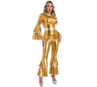 Aislor Mono Brillante Metálico De Los Años 70 Para Mujer Body De Manga Acampanada Pantalones De Campana Pelele De Una Pieza Trajes De Baile Hippies Discoteca Dorado M