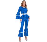Aislor Mono Brillante Metálico De Los Años 70 Para Mujer Body De Manga Acampanada Pantalones De Campana Pelele De Una Pieza Trajes De Baile Hippies Discoteca Azul real S