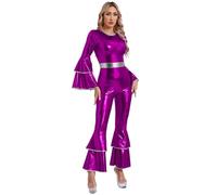 Aislor Mono Brillante Metálico De Los Años 70 Para Mujer Body De Manga Acampanada Pantalones De Campana Pelele De Una Pieza Trajes De Baile Hippies Discoteca Morado S