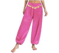 Aislor Pantalones De Harén De Danza del Vientre para Mujer Pantalones Anchos De Baile Lentejuelas Disfraz De Danza Árabe India Rosa Caliente M