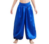 Aislor Pantalones De Harén para Danza del Vientre Niñas Pantalones Largos Pantalones árabes Tribales De Satén Pantalones De Baile Indio Azul 7-8 años