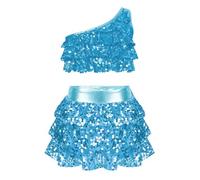 Aislor Traje De Actuación De Baile para Niñas Lentejuelas Top Corto De Un Hombro + Falda Pantalones Cortos con Cintura Elástica Disfraz Baile Salsa Tango Latino I Cielo Azul 3-4 años