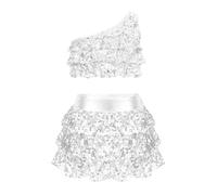 Aislor Traje De Actuación De Baile para Niñas Lentejuelas Top Corto De Un Hombro + Falda Pantalones Cortos con Cintura Elástica Disfraz Baile Salsa Tango Latino I Plateado 3-4 años
