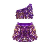 Aislor Traje De Actuación De Baile para Niñas Lentejuelas Top Corto De Un Hombro + Falda Pantalones Cortos con Cintura Elástica Disfraz Baile Salsa Tango Latino I Morado 3-4 años