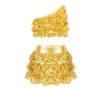Aislor Traje De Actuación De Baile para Niñas Lentejuelas Top Corto De Un Hombro + Falda Pantalones Cortos con Cintura Elástica Disfraz Baile Salsa Tango Latino I Dorado 5-6 años