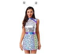 Aislor Traje De Alien Metálico Brillante Para Mujer Vestido Sin Mangas + Diademas De Alienígena Traje Para Fiesta Carnaval Halloween Plateado M