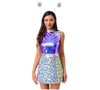 Aislor Traje De Alien Metálico Brillante Para Mujer Vestido Sin Mangas + Diademas De Alienígena Traje Para Fiesta Carnaval Halloween Azul M