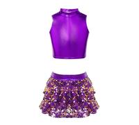 Aislor Traje De Danza Dos Piezas Niñas Top Camiseta Sin Mangas Brillantes + Falda con Volantes Vestido De Danza Jazz Ropa De Baile Latino L Morado 7-8 años
