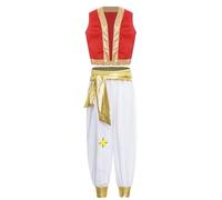 Aislor Traje De Princípe Árabe Para Niños Chaleco Delantero Abierto Y Pantalones De Cintura Elástica Disfraz Príncipe De Aladino Cosplay Rojo 11-12 años