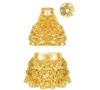 Aislor Vestido De Baile Latina para Niñas Maillot con Volantes con Banda Elástica para El Cabello Vestido De Danza Jazz Hip Hop Rumba Dorado B 11-12 años
